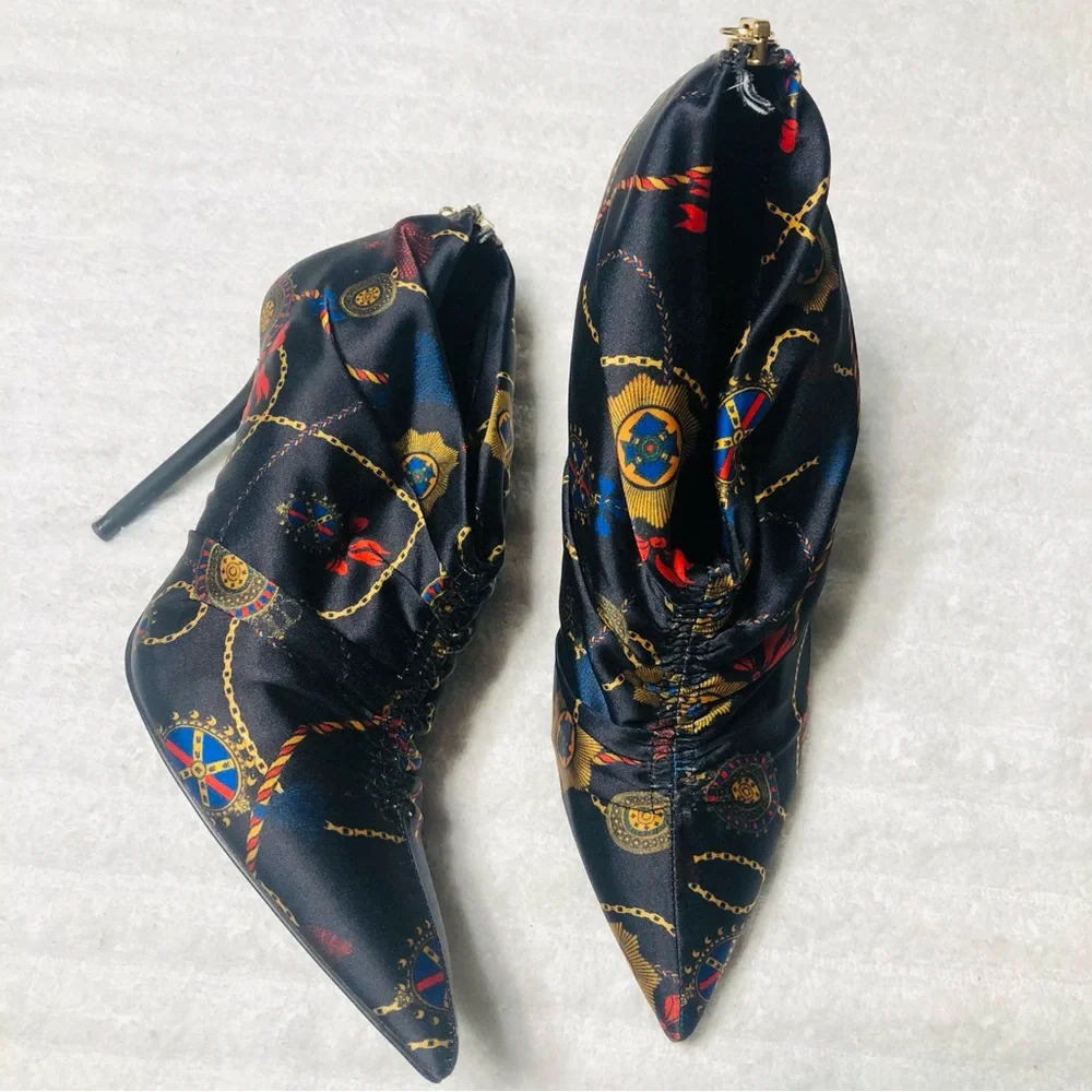 ZARA Black Ankle Boots Multi Scarf Print Satin Bootie Heels. Size 36 - Picture 9 of 14